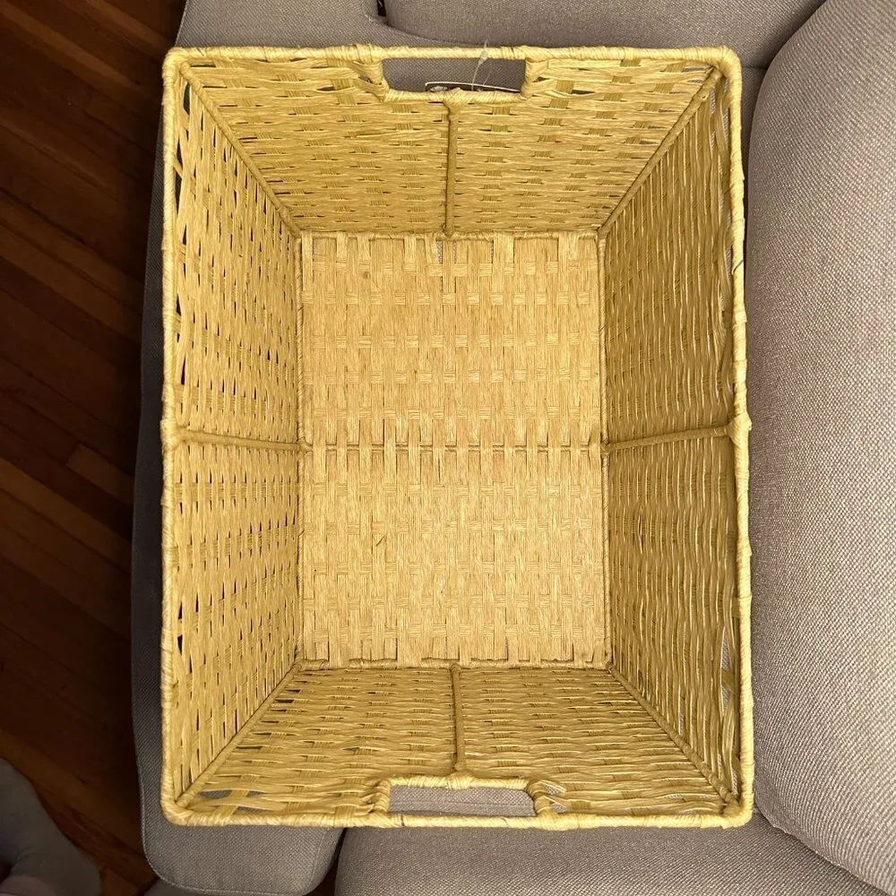 Yellow Woven Cord Tote Basket With Handles